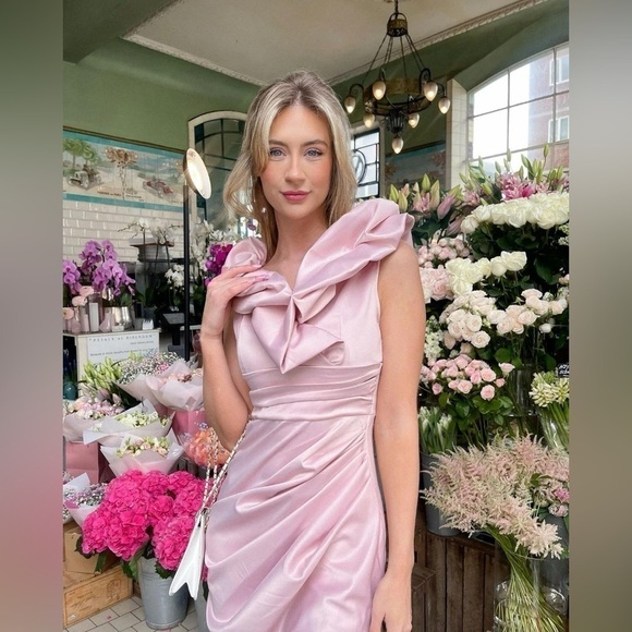 Womens Dresses | Blush Satin Off Shoulder Ruffle Midi Dress - Picture 3 of 11